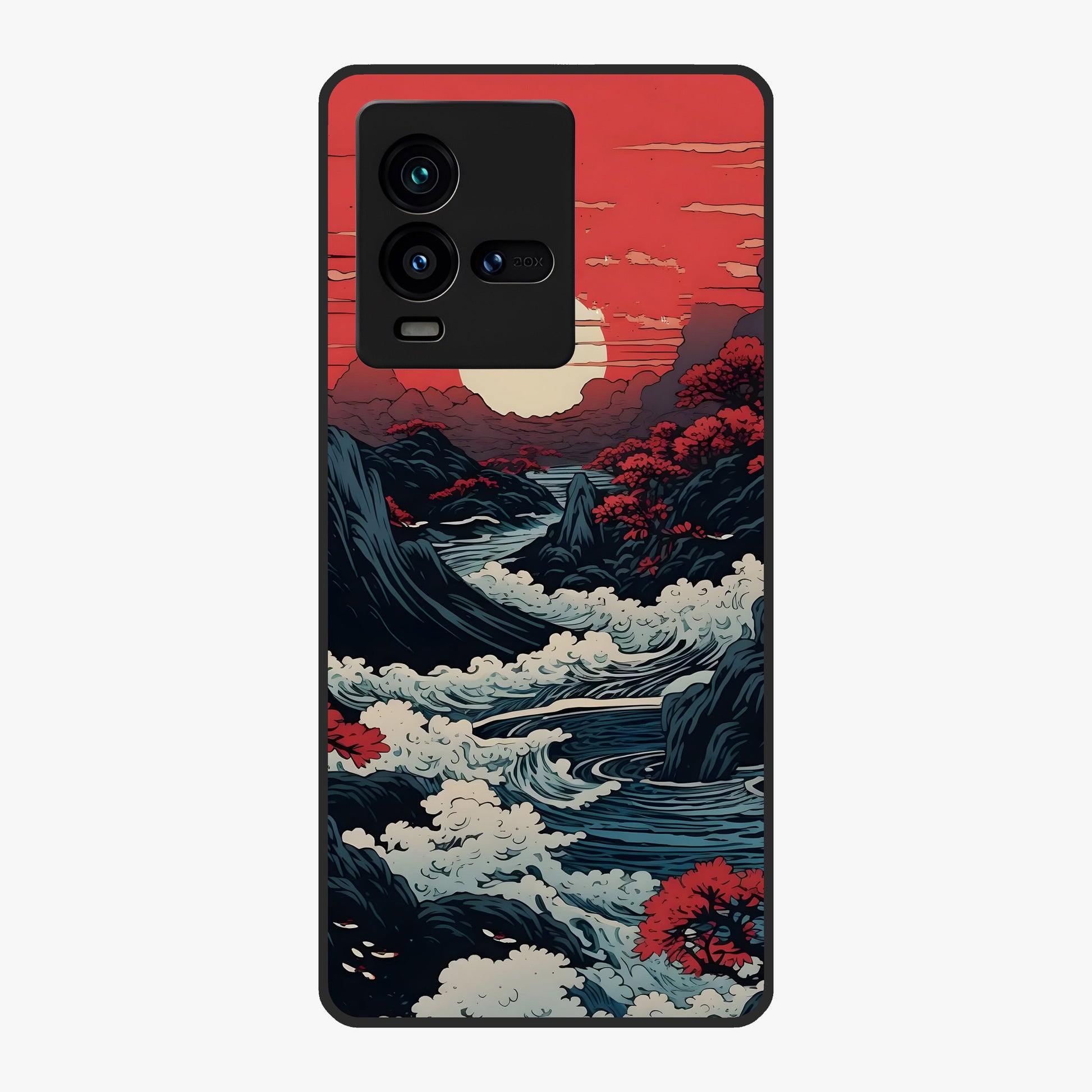 Red Sunset Scenery Glass Case showing flat back view with vibrant sunset landscape artwork and glossy glass finish.