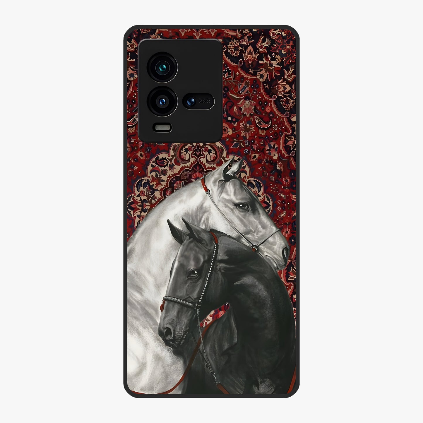 Regal Stallion Tapestry Glass Case showing flat back view with majestic horse tapestry artwork and glossy glass finish.