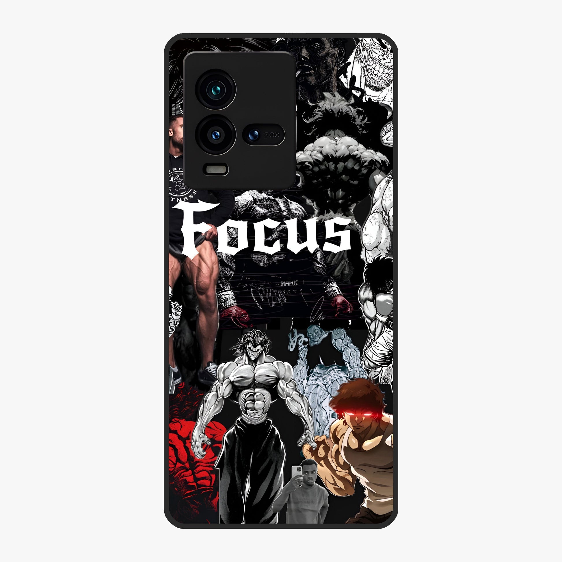 Relentless Power Focus Glass Case showing flat back view with motivational typography artwork and glossy glass finish.