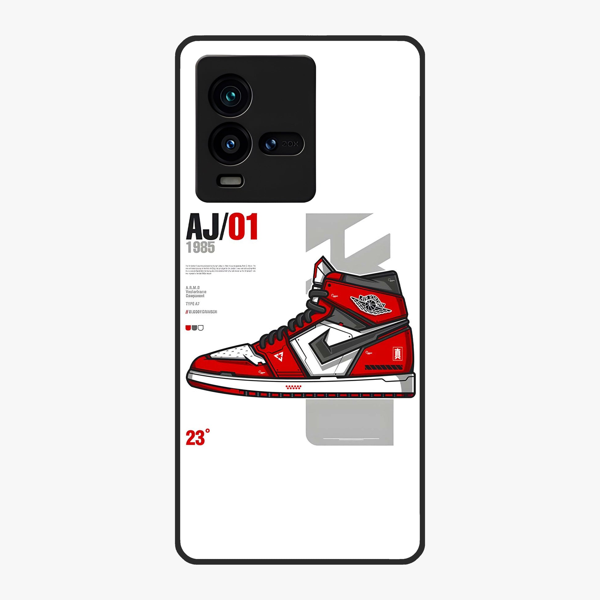 Retro Sneaker Blueprint Glass Case showing flat back view with sneaker blueprint style artwork and glossy glass finish.