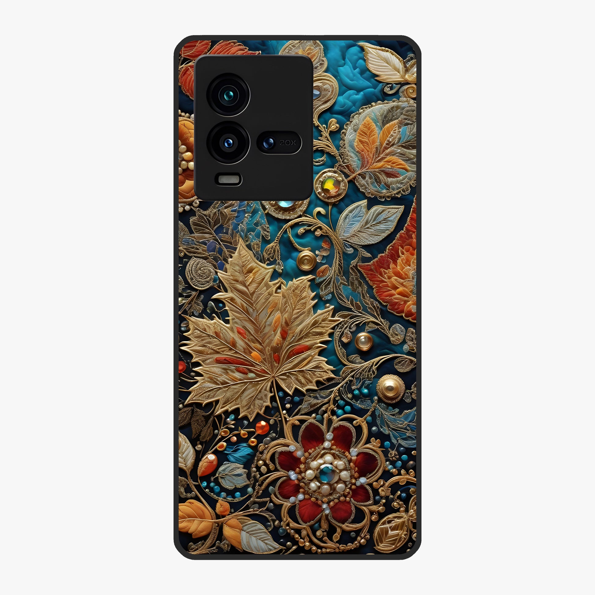 Royal Jewel Garden Glass Case showing flat back view with decorative floral garden artwork and glossy glass finish.