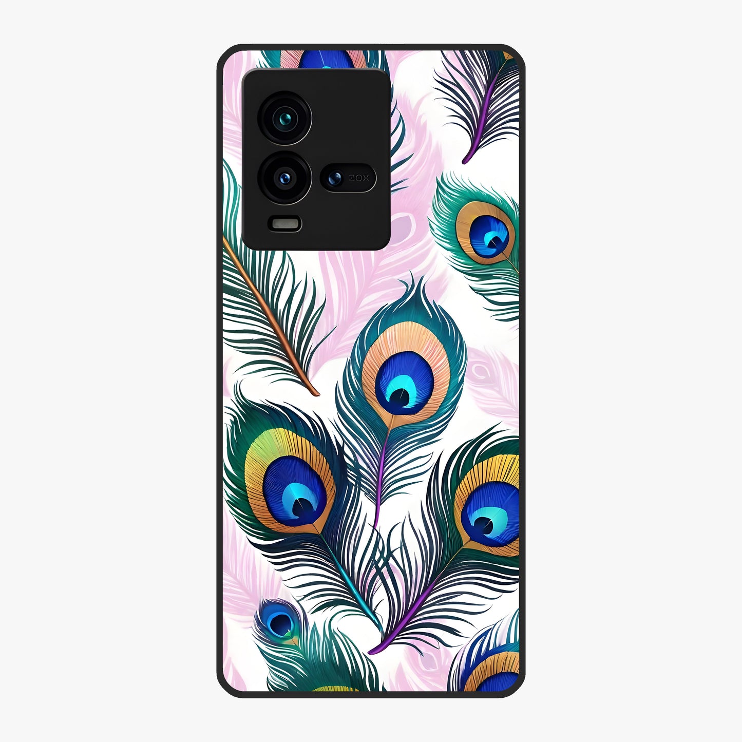 Royal Peacock Feathers Glass Case showing flat back view with colorful peacock feather artwork and glossy glass finish.