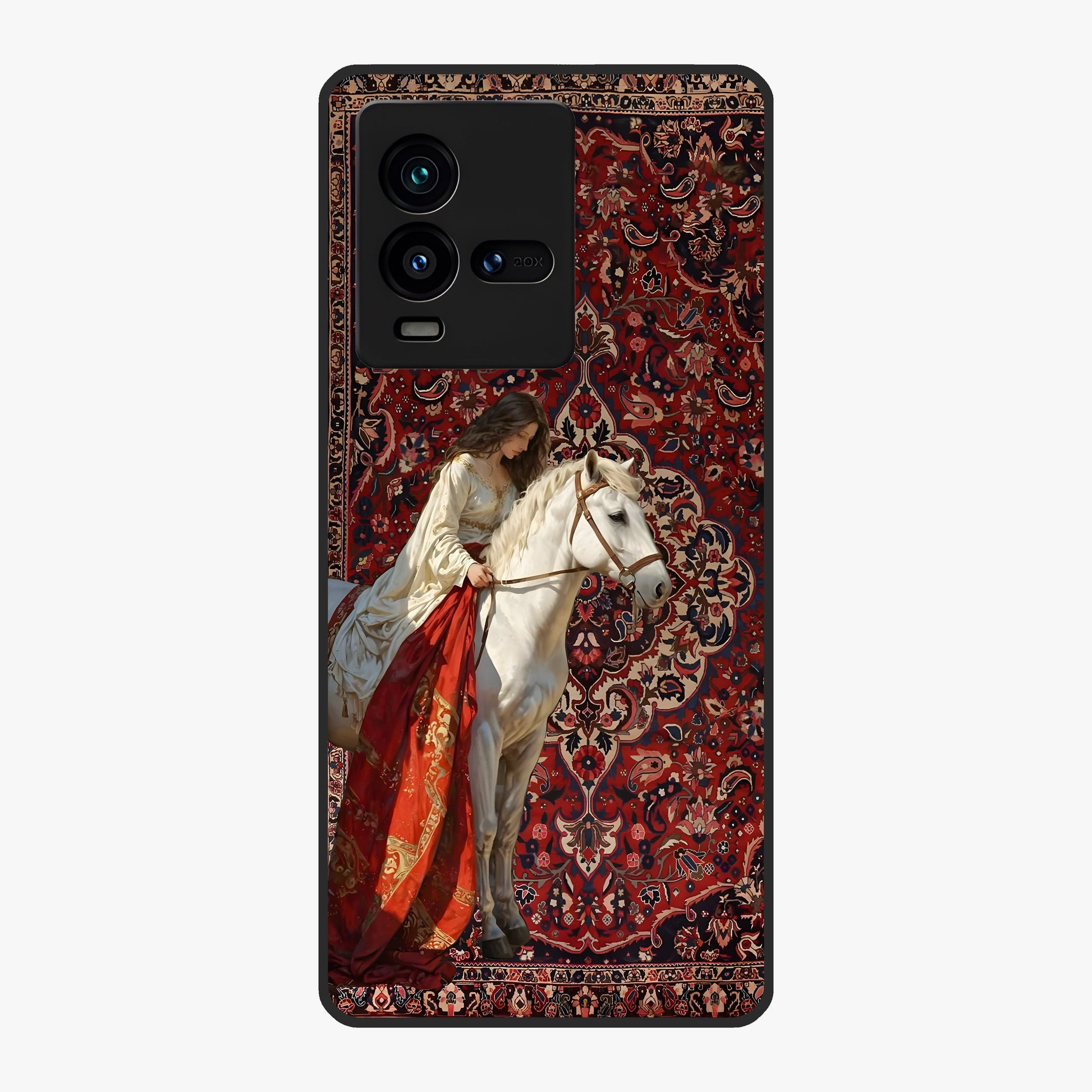 Royal Rider Tapestry Glass Case showing flat back view with majestic horse rider tapestry artwork and glossy glass finish.