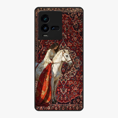 Royal Rider Tapestry Glass Case showing flat back view with majestic horse rider tapestry artwork and glossy glass finish.