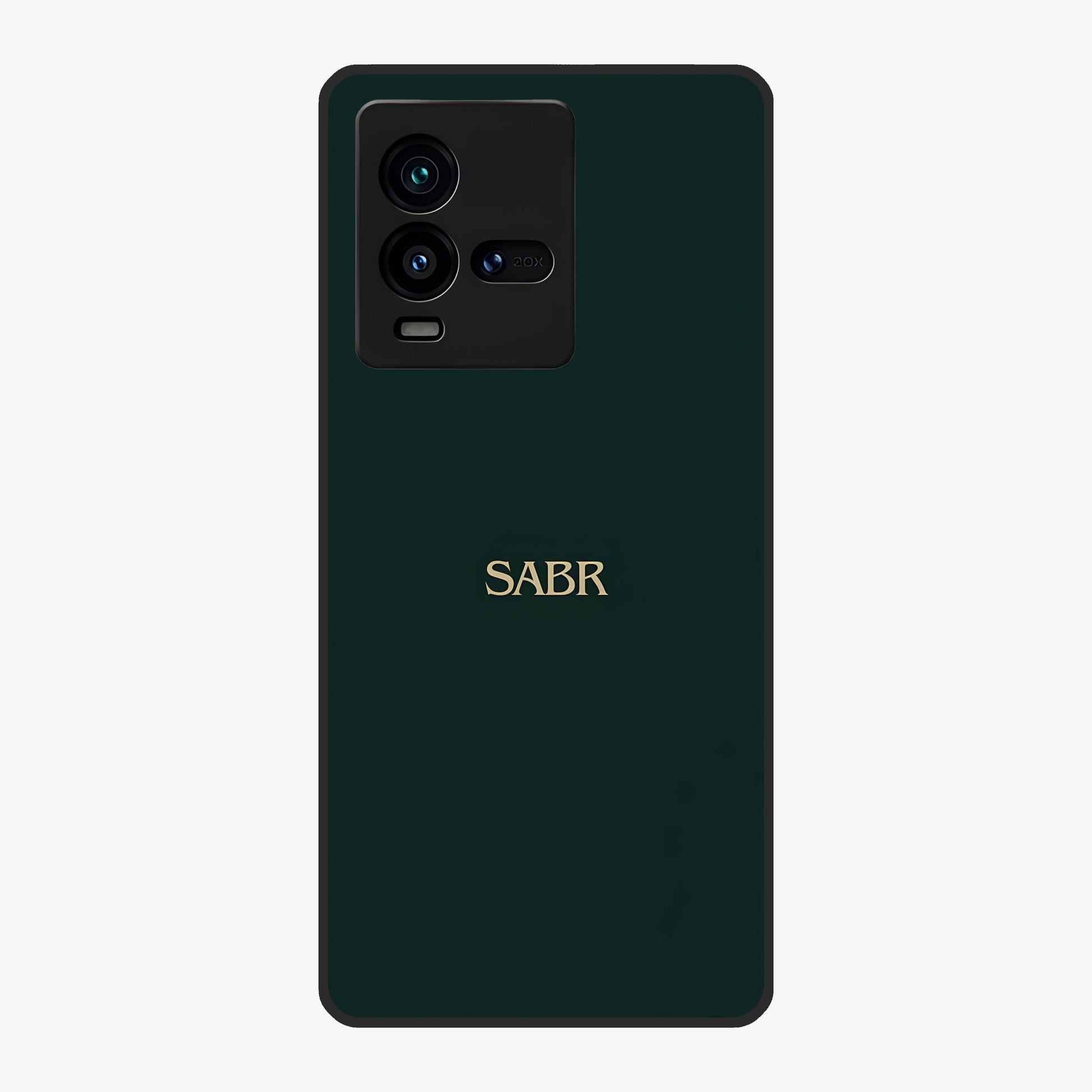 Sabr Minimal Patience Glass Case showing flat back view with minimalist typography artwork and glossy glass finish.