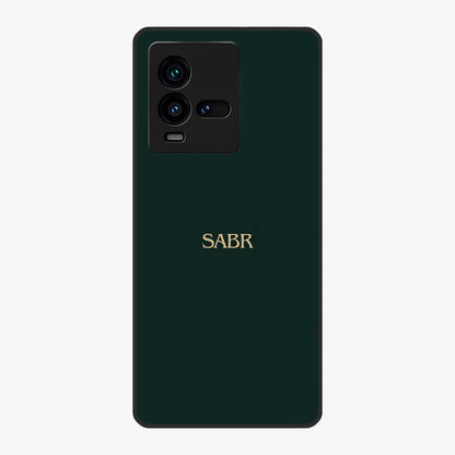 Sabr Minimal Patience Glass Case showing flat back view with minimalist typography artwork and glossy glass finish.
