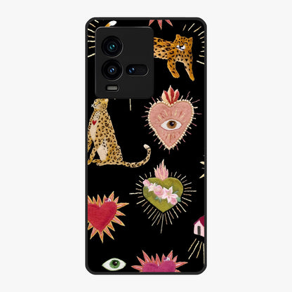 Sacred Jungle Heart Glass Case showing flat back view with jungle inspired heart artwork and glossy glass finish.