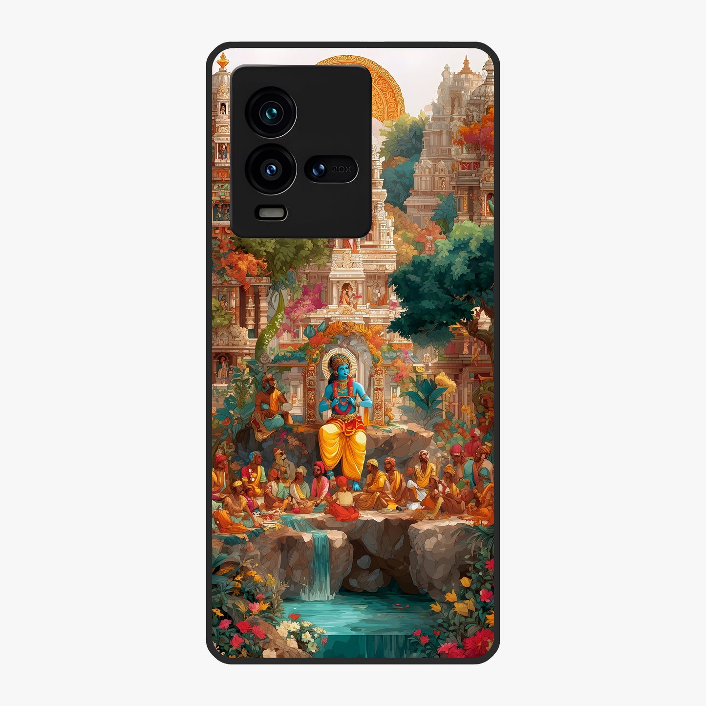 Sacred Sunlight Gods Glass Case showing flat back view with divine sunlight themed artwork and glossy glass finish.