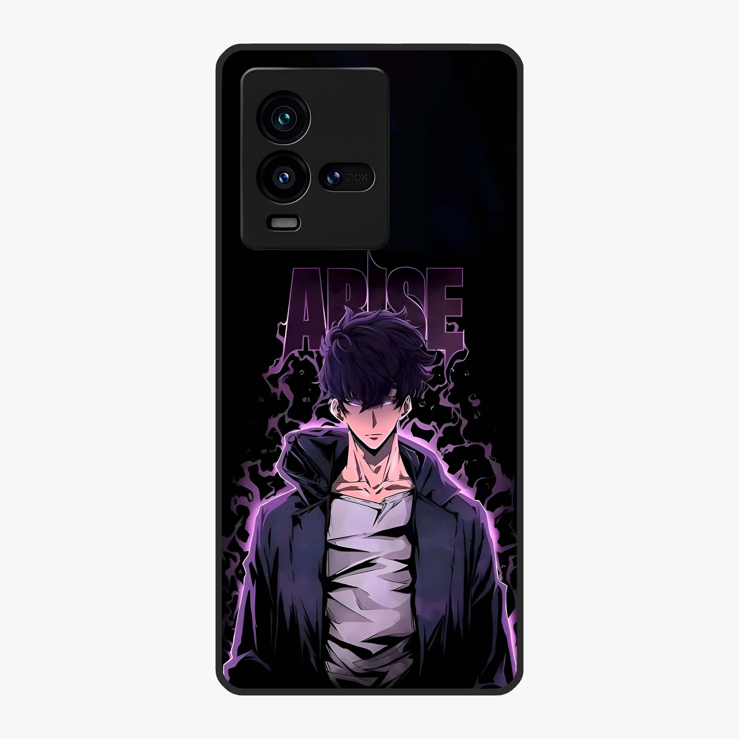 Shadow Monarch Awakening Glass Case showing flat back view with powerful dark monarch themed artwork and glossy glass finish.