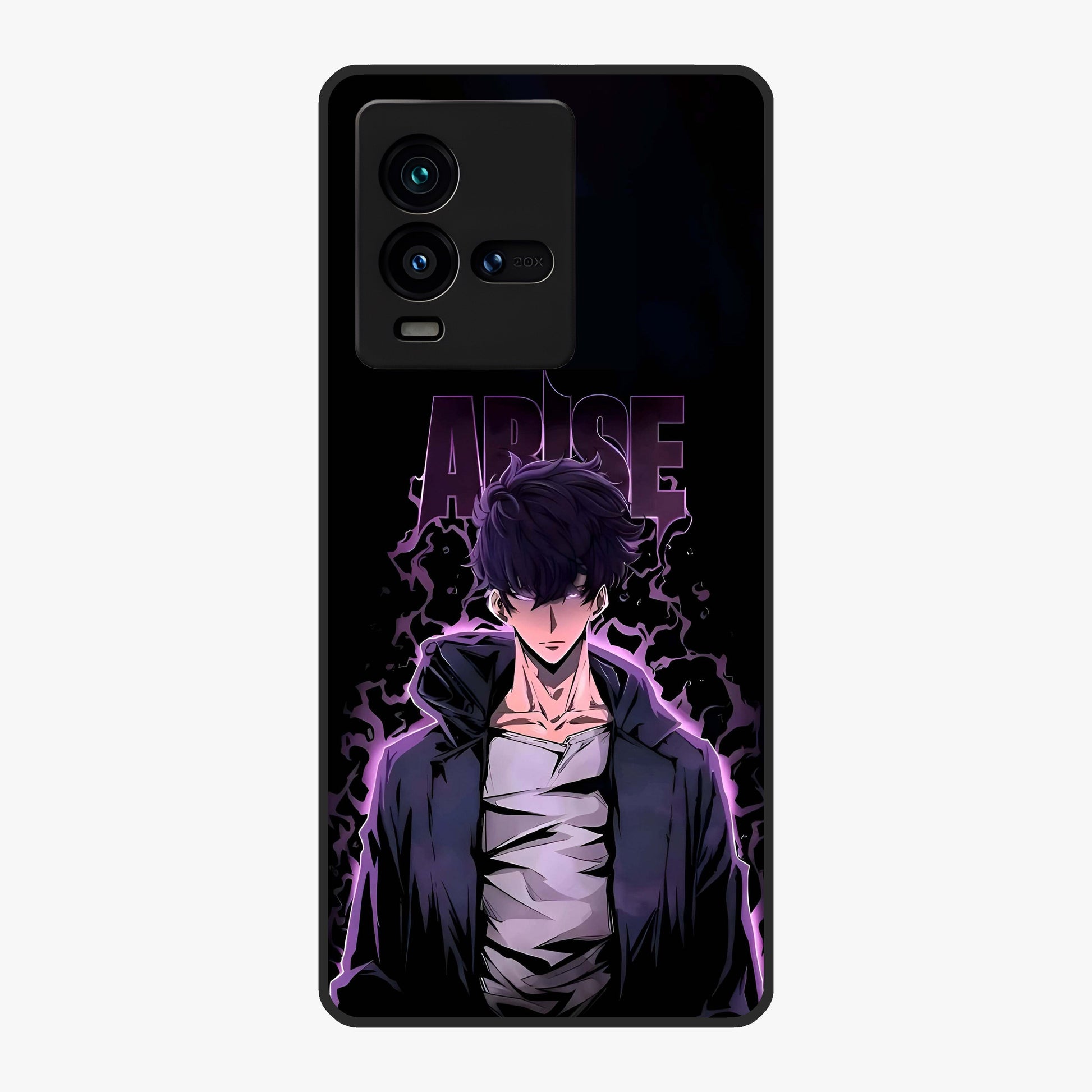 Shadow Monarch Awakening Glass Case showing flat back view with powerful dark monarch themed artwork and glossy glass finish.