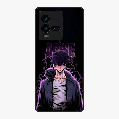Shadow Monarch Awakening Glass Case showing flat back view with powerful dark monarch themed artwork and glossy glass finish.