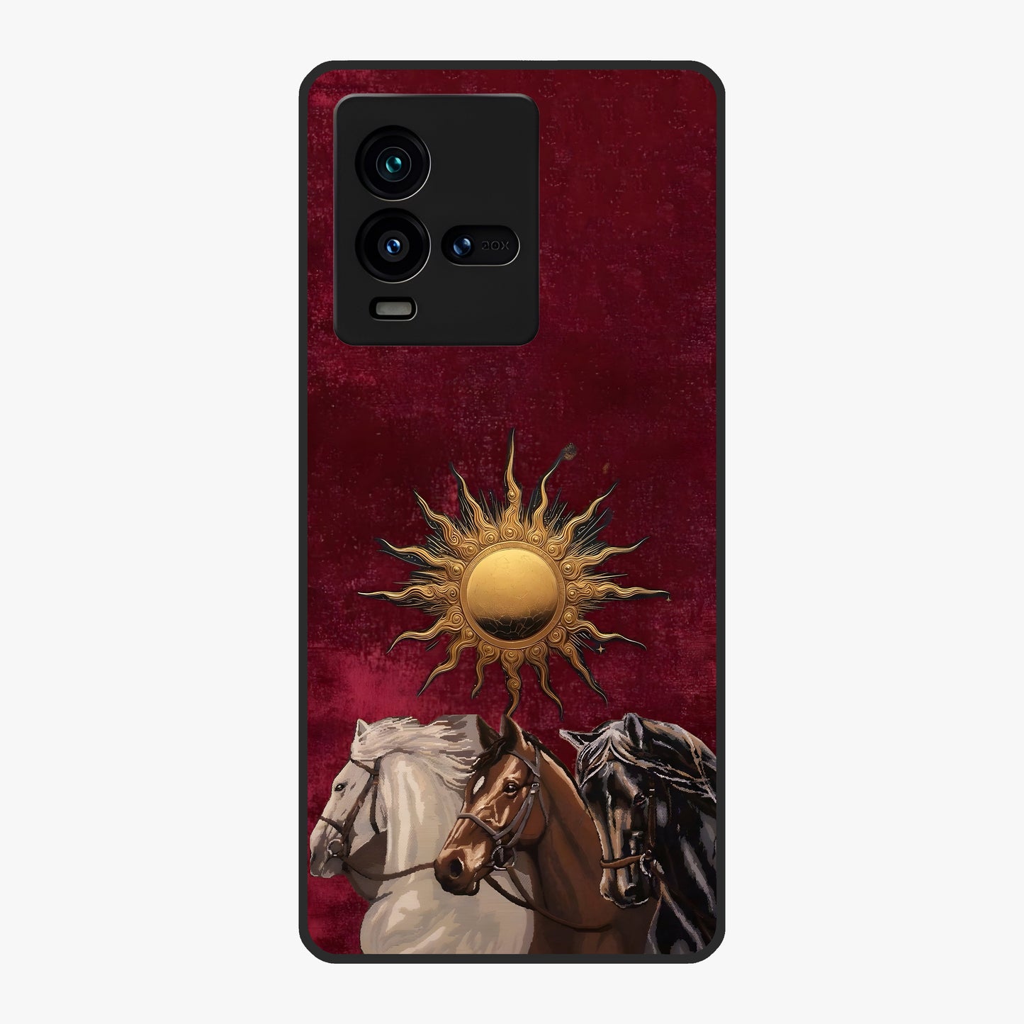 Solar Riders Glass Case showing flat back view with dynamic rider themed artwork and glossy glass finish.