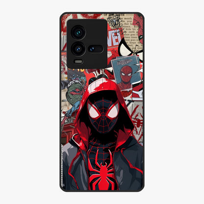 Spider Collage Street Glass Case showing flat back view with vibrant superhero collage artwork and glossy glass finish.