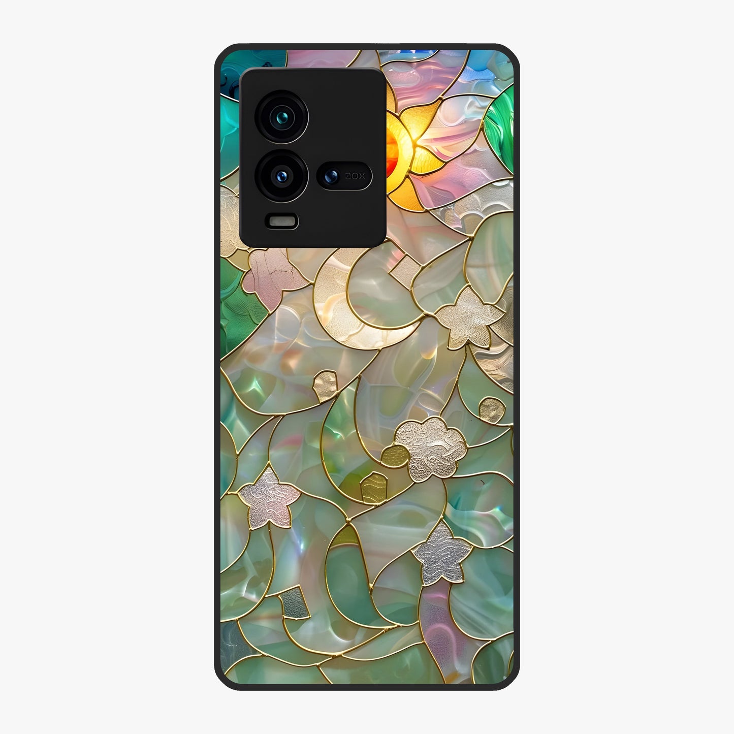 Stained Sunrise Glow Glass Case showing flat back view with glowing sunrise stained pattern artwork and glossy glass finish.