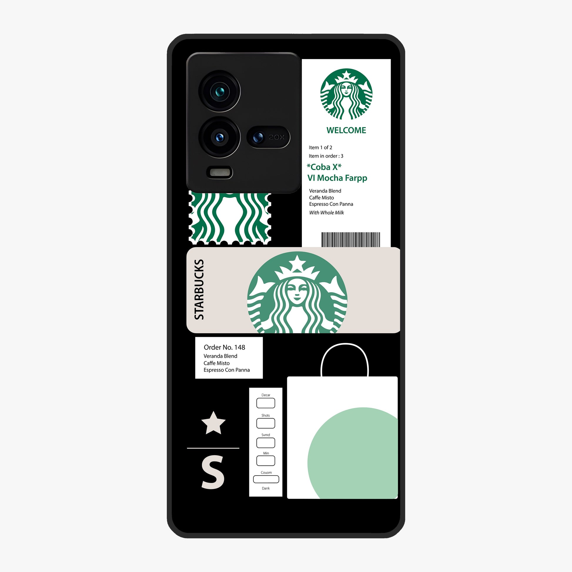 Starbucks Mocha Glass Case showing flat back view with coffee inspired artwork and glossy glass finish.