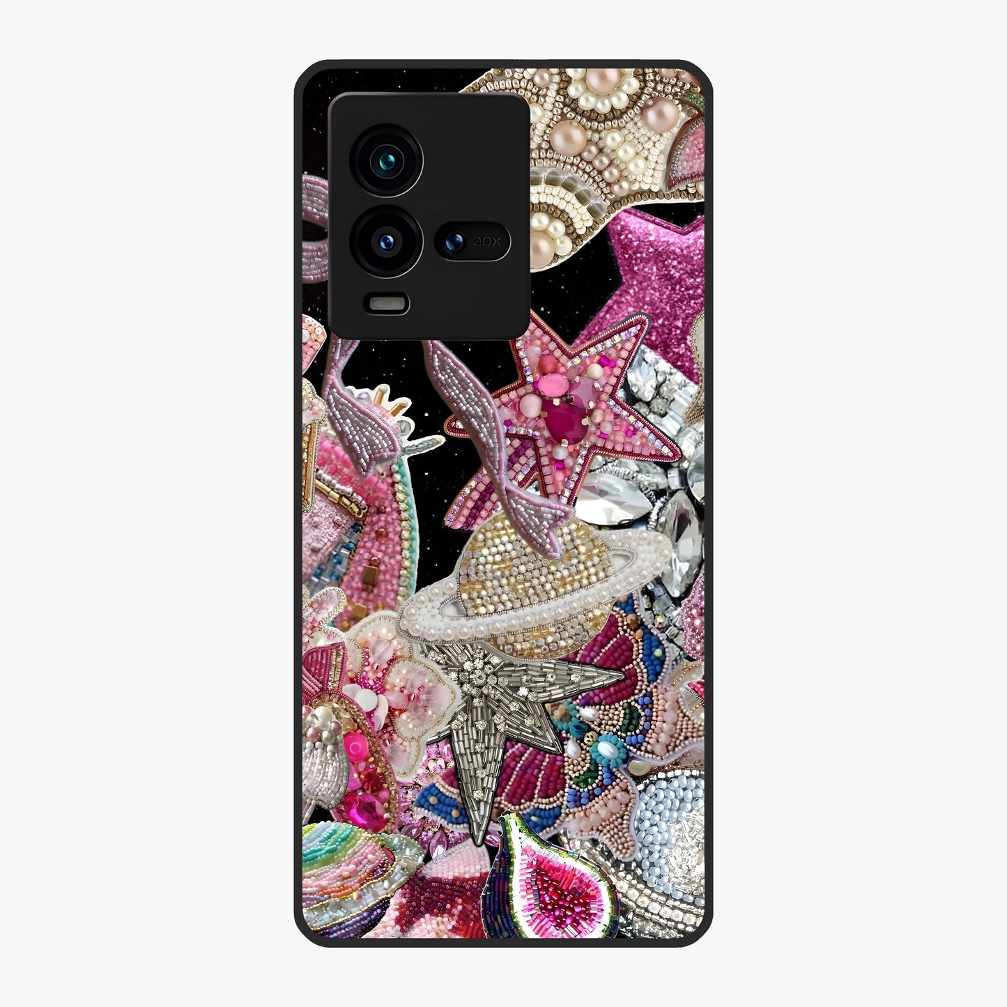 Starlit Jewel Dream Glass Case showing flat back view with sparkling jewel and star themed artwork and glossy glass finish.
