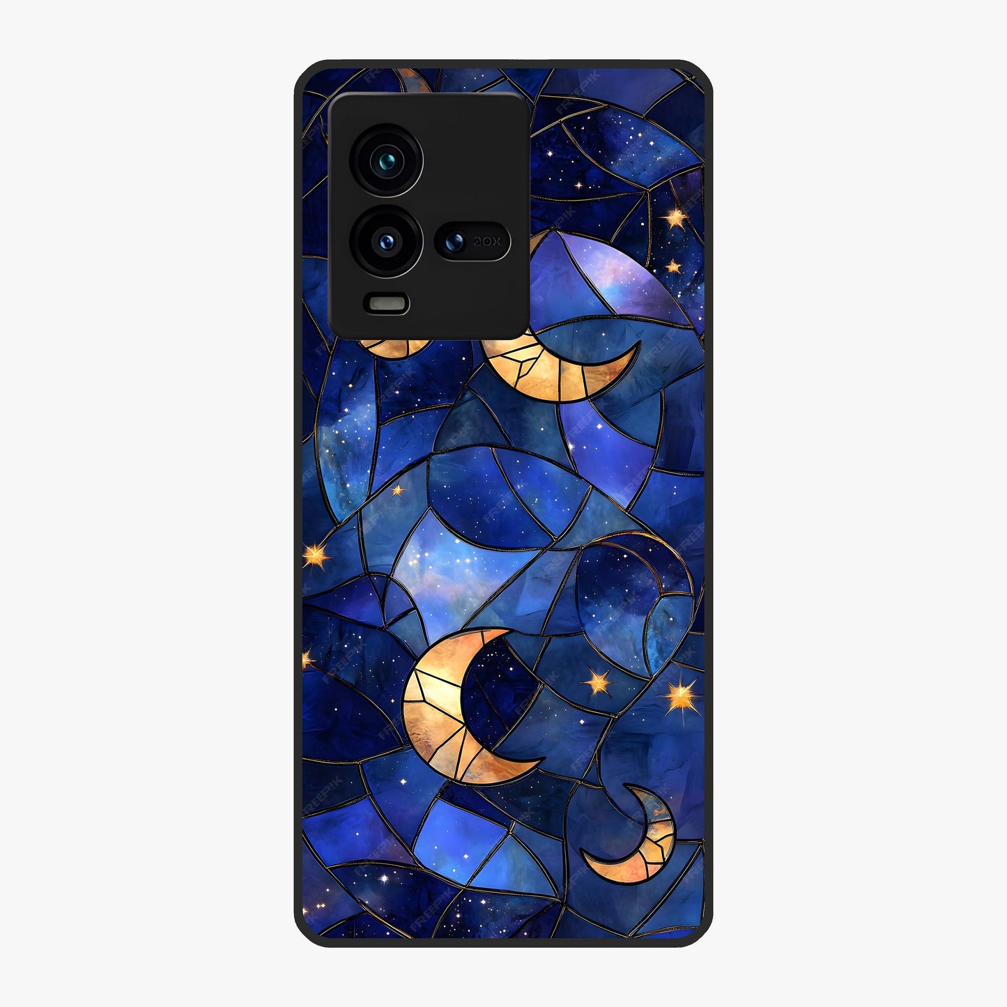 Starlit Sky Tapestry Glass Case showing flat back view with decorative starry sky tapestry artwork and glossy glass finish.