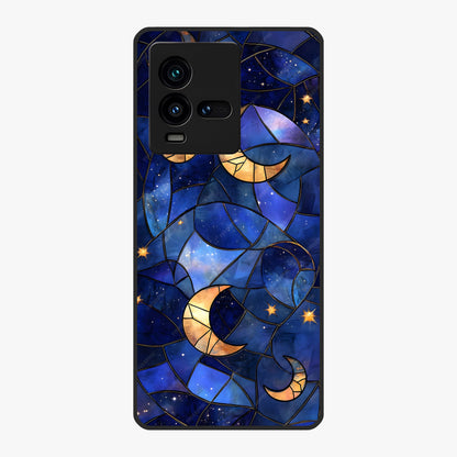 Starlit Sky Tapestry Glass Case showing flat back view with decorative starry sky tapestry artwork and glossy glass finish.