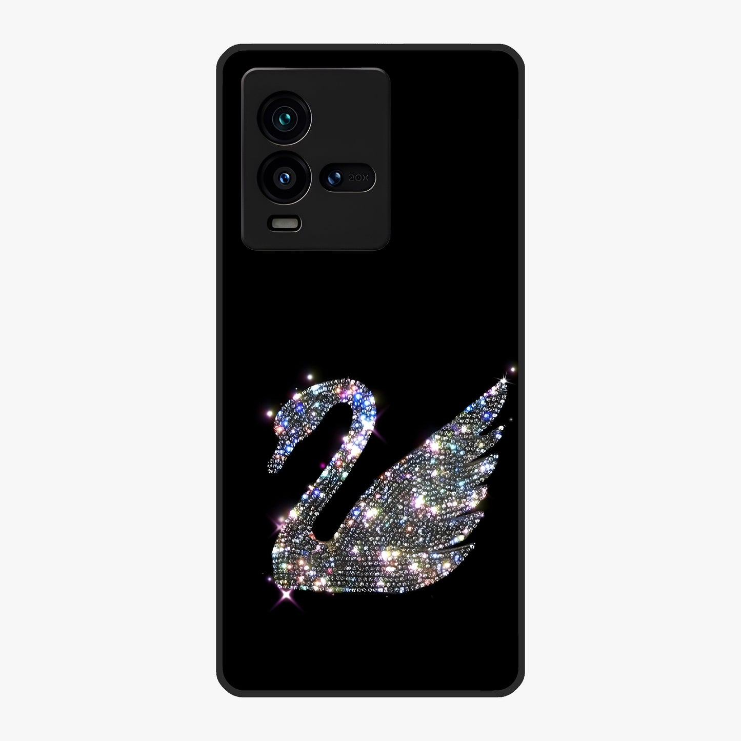 Starlit Swan Grace Glass Case showing flat back view with graceful swan artwork under starry sky and glossy glass finish.