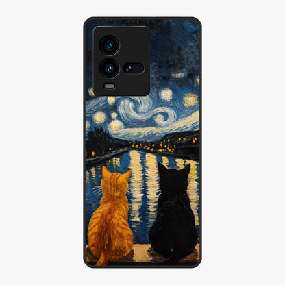Starry River Cats Glass Case showing flat back view with cats by a starry river artwork and glossy glass finish.