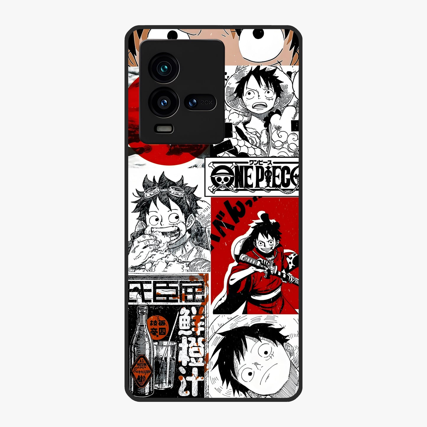 Strawhat Chaos Panels Glass Case showing flat back view with anime inspired chaos panel artwork and glossy glass finish.