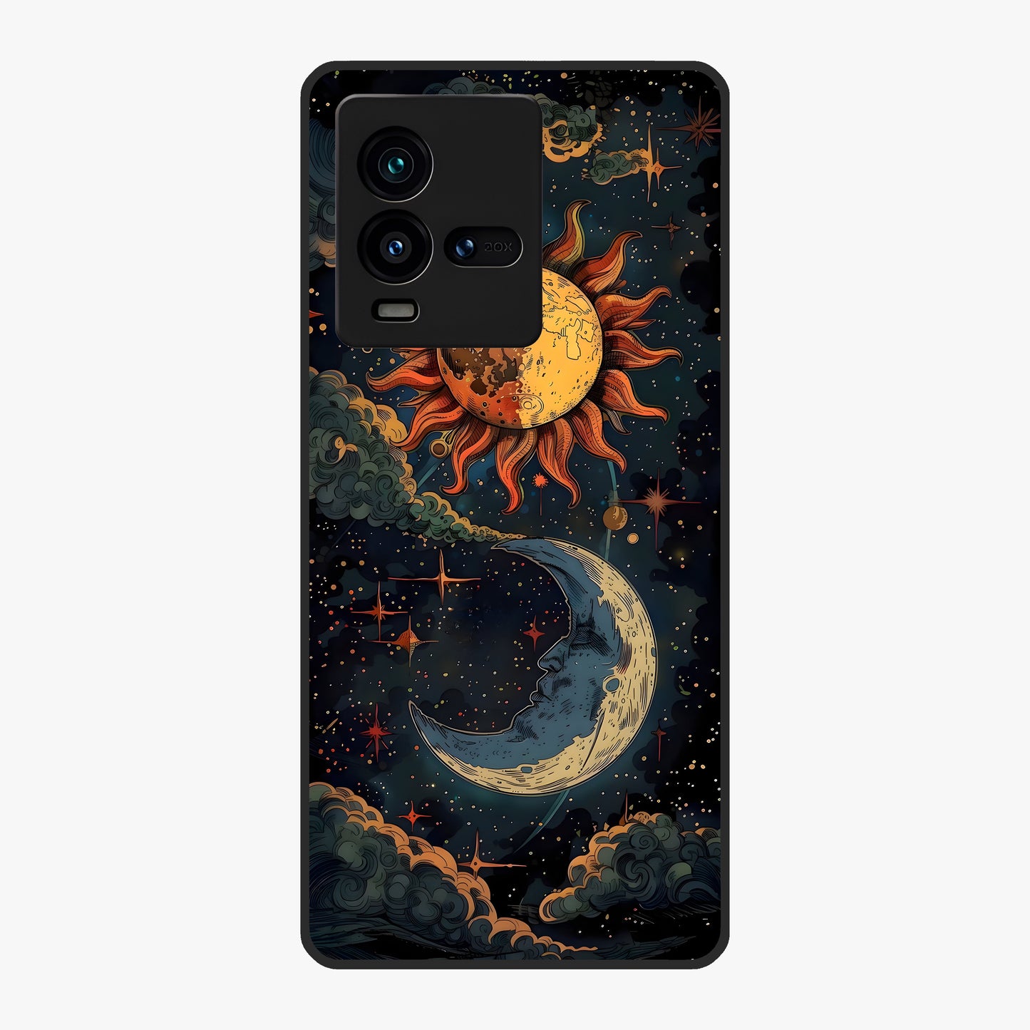 Sun And Moon Magic Design Glass Case showing flat back view with mystical sun and moon artwork and glossy glass finish.