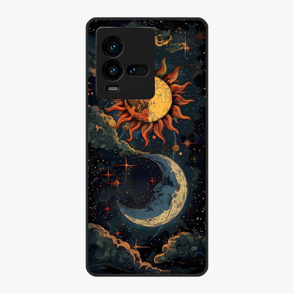 Sun And Moon Magic Design Glass Case showing flat back view with mystical sun and moon artwork and glossy glass finish.