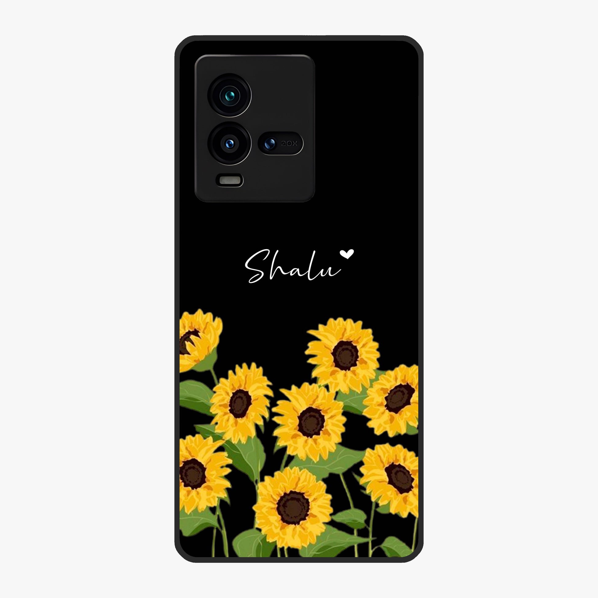 Sunflower Chic Mood Custom Name Glass Case showing flat back view with stylish sunflower artwork and personalized name design.