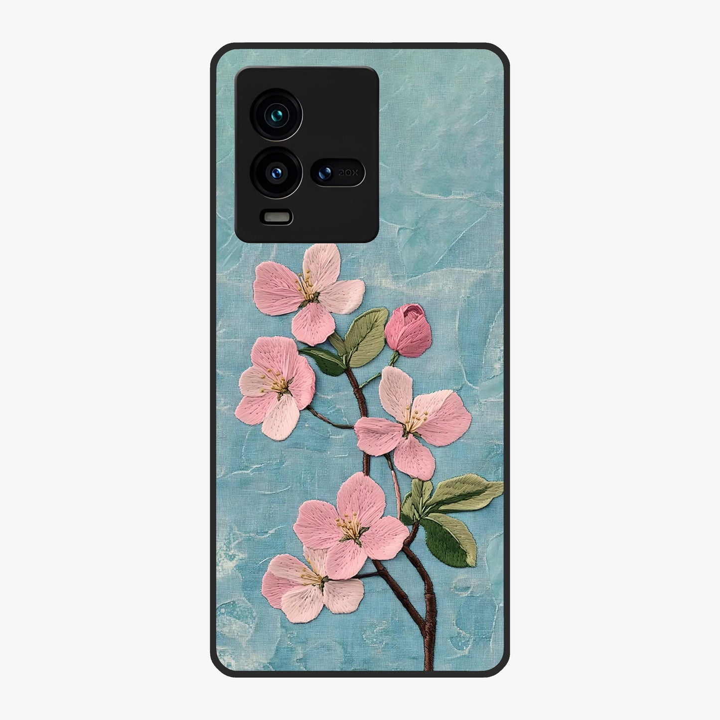 Threaded Blossom Breeze Glass Case showing flat back view with delicate blossom artwork and glossy glass finish.