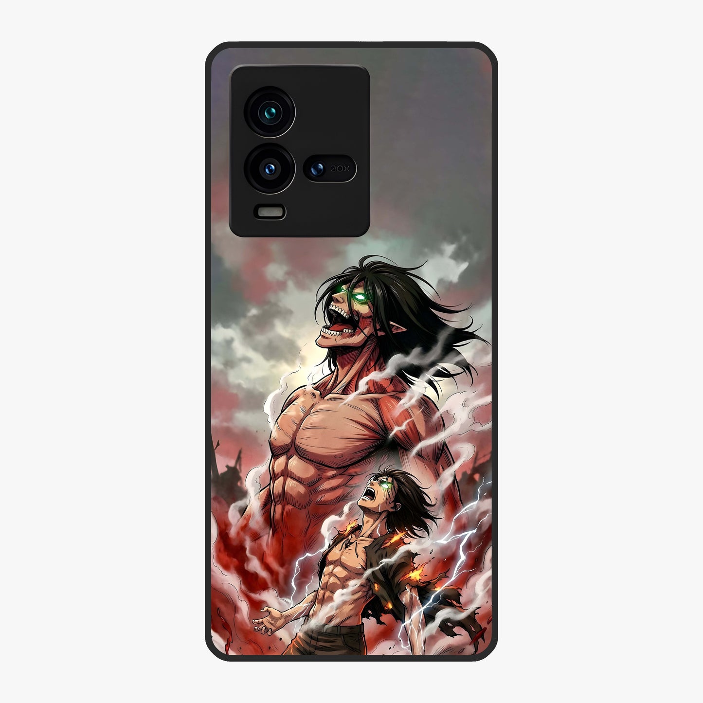 Titan Awakening Fury Glass Case showing flat back view with powerful titan inspired artwork and glossy glass finish.
