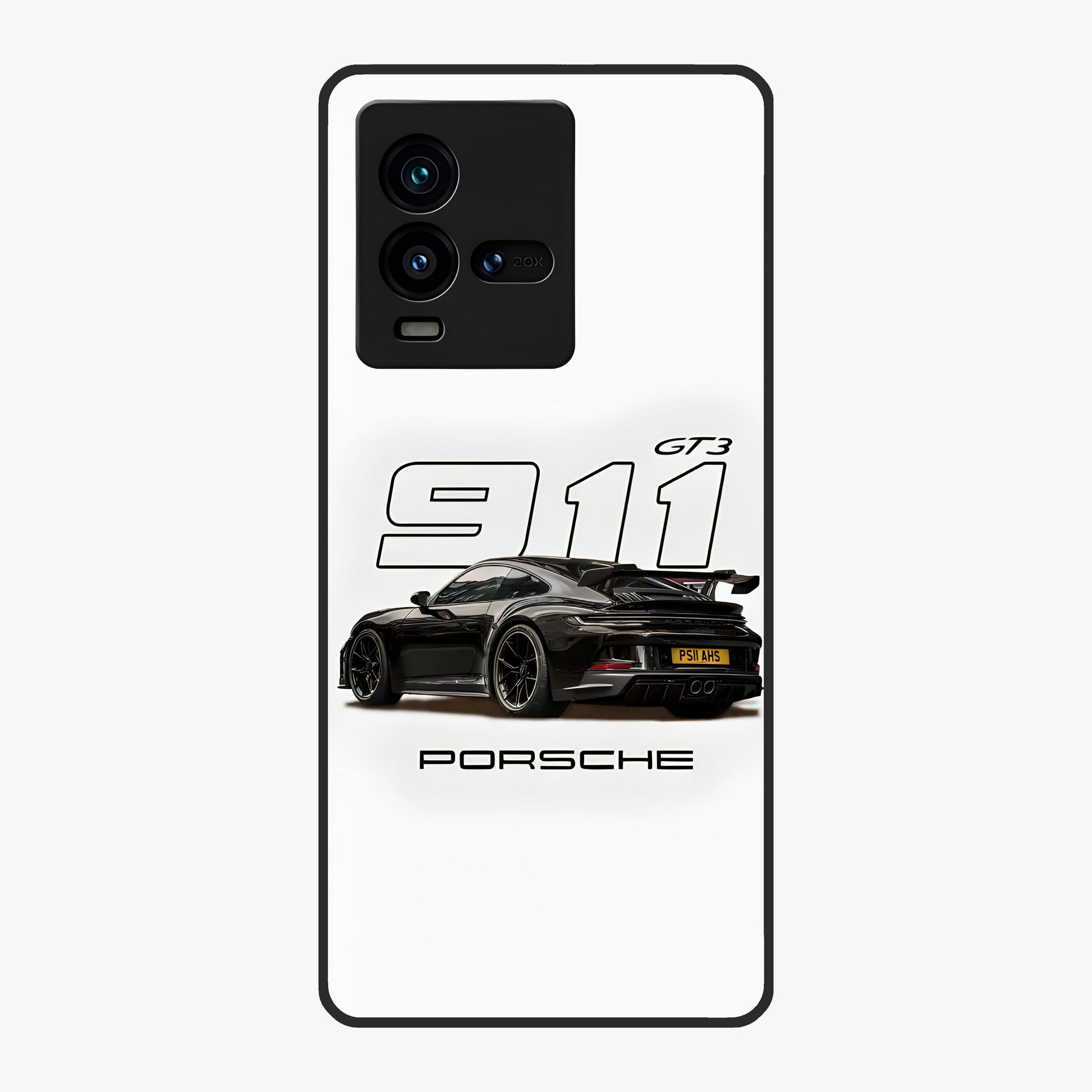 Turbo Legacy Icon Glass Case showing flat back view with iconic sports car inspired artwork and glossy glass finish.