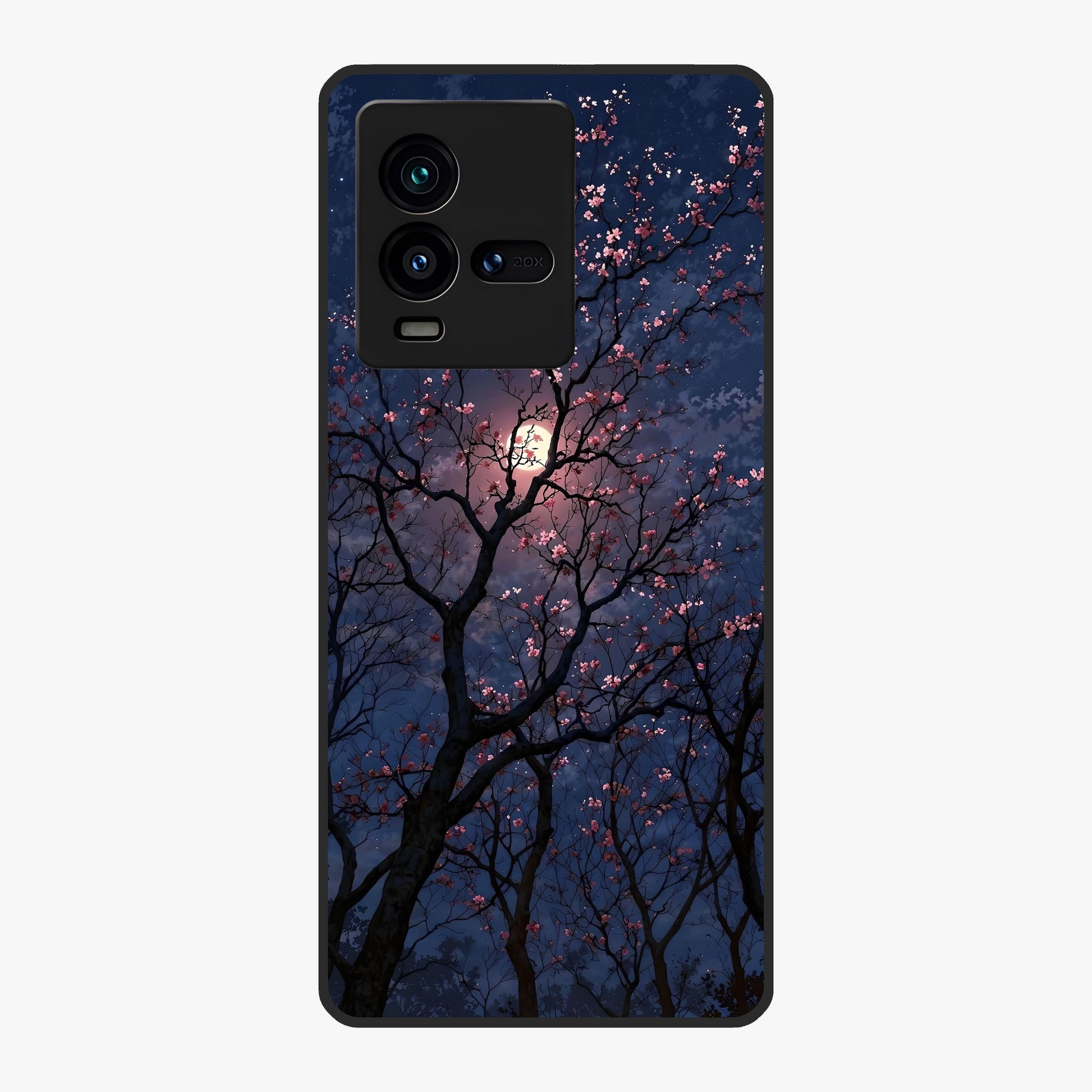 Twilight Sakura Serenade Glass Case showing flat back view with cherry blossom artwork at twilight and glossy glass finish.