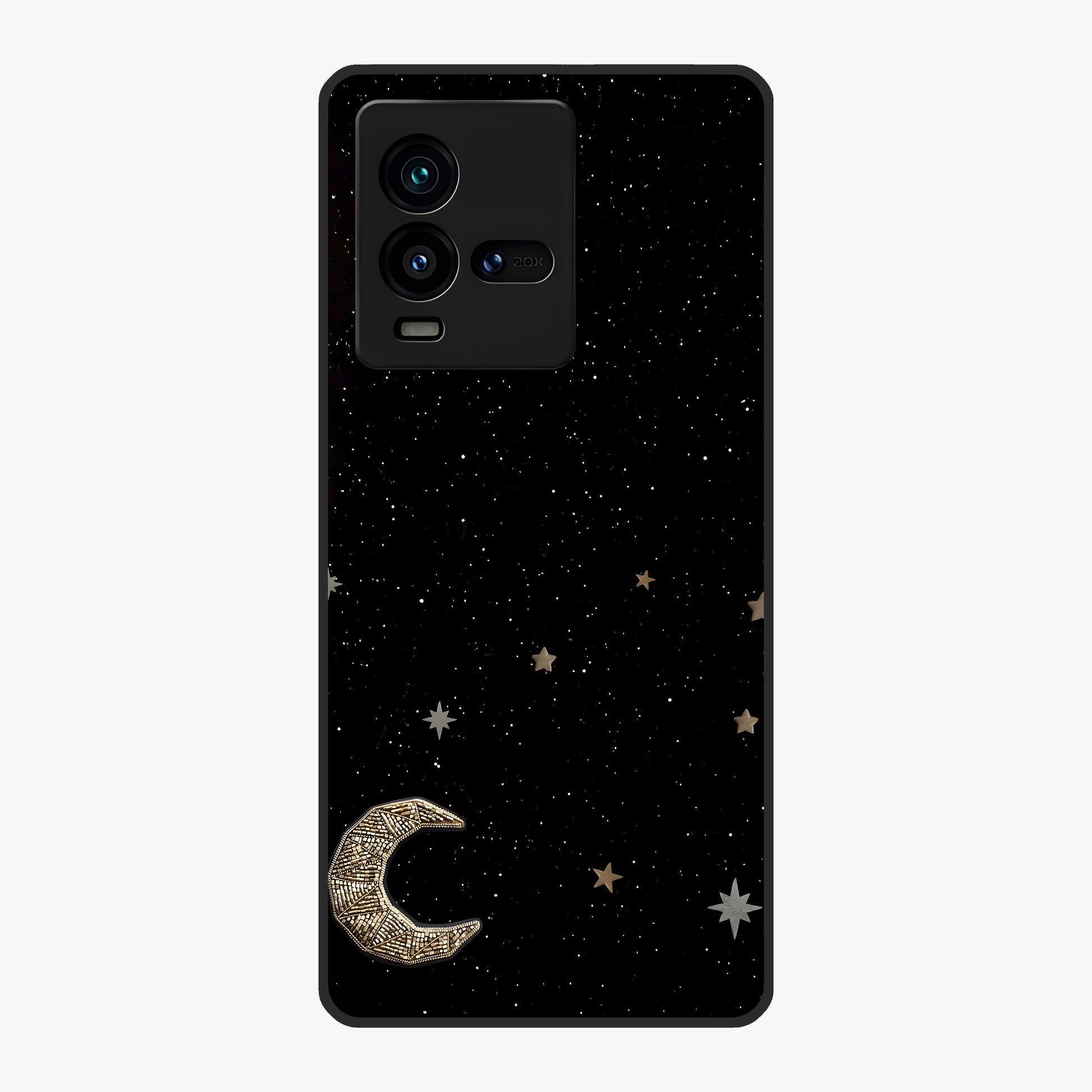 Twinkle Star With Half Moon Glass Case showing flat back view with star and half moon artwork and glossy glass finish.