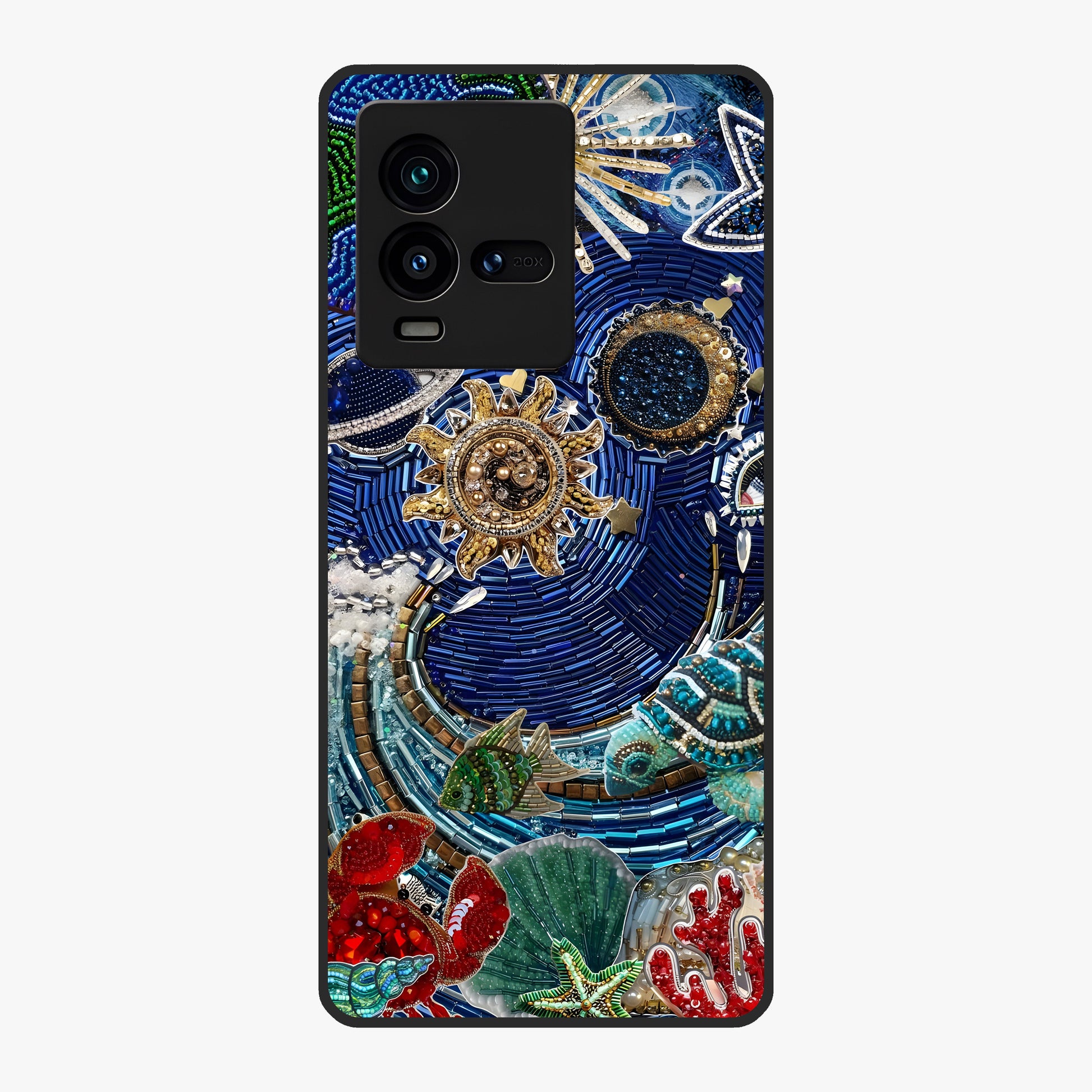Universe Underwater Spark Glass Case showing flat back view with cosmic underwater themed artwork and glossy glass finish.