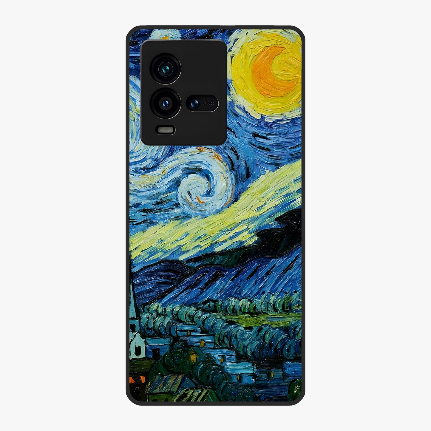 Van Gogh Art Glass Case showing flat back view with classic painterly artwork inspired by Van Gogh style and glossy glass finish.