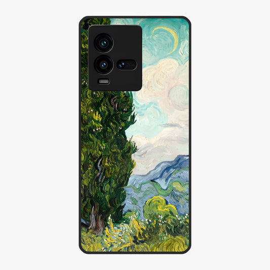 Van Gogh Vintage Art Glass Case showing flat back view with vintage painterly artwork inspired by Van Gogh style and glossy glass finish.