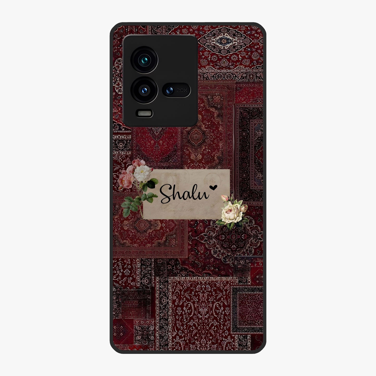 Velvet Wine Pattern Custom Name Glass Case showing flat back view with elegant wine colored pattern artwork and personalized name design.