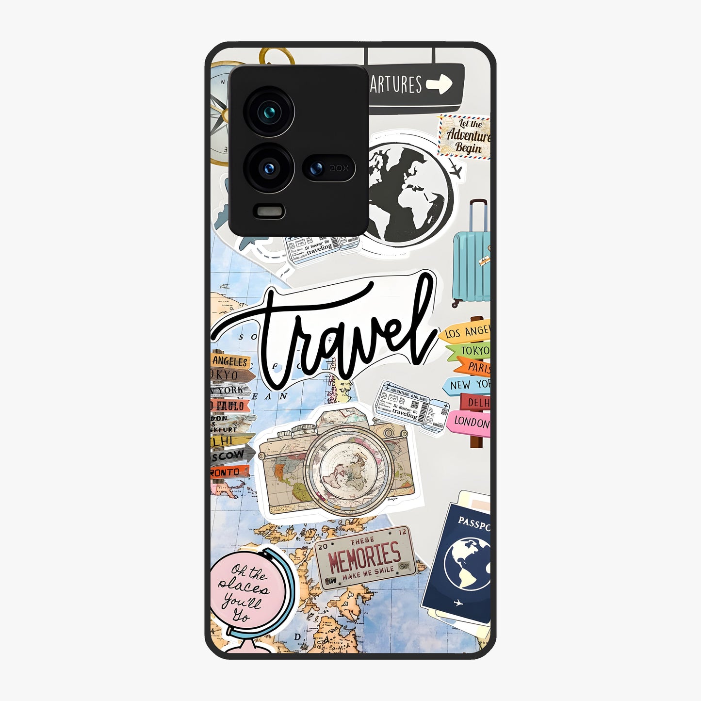 Wanderlust Journal Glass Case showing flat back view with travel inspired artwork and glossy glass finish.