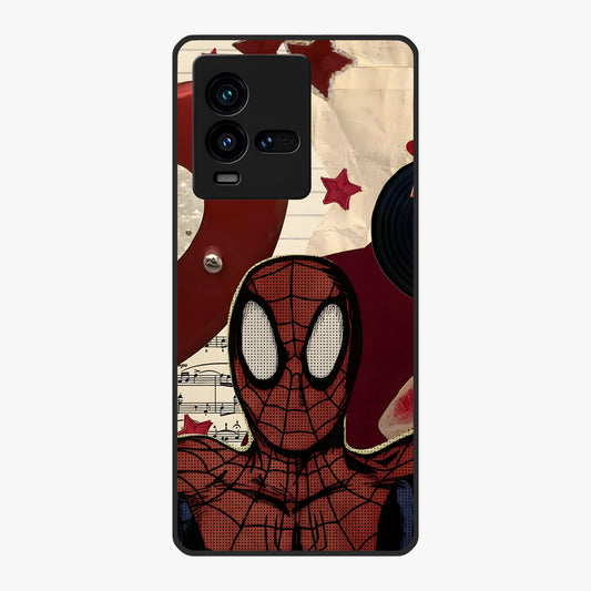 Web Warrior Vibes Glass Case showing flat back view with superhero inspired web themed artwork and glossy glass finish.