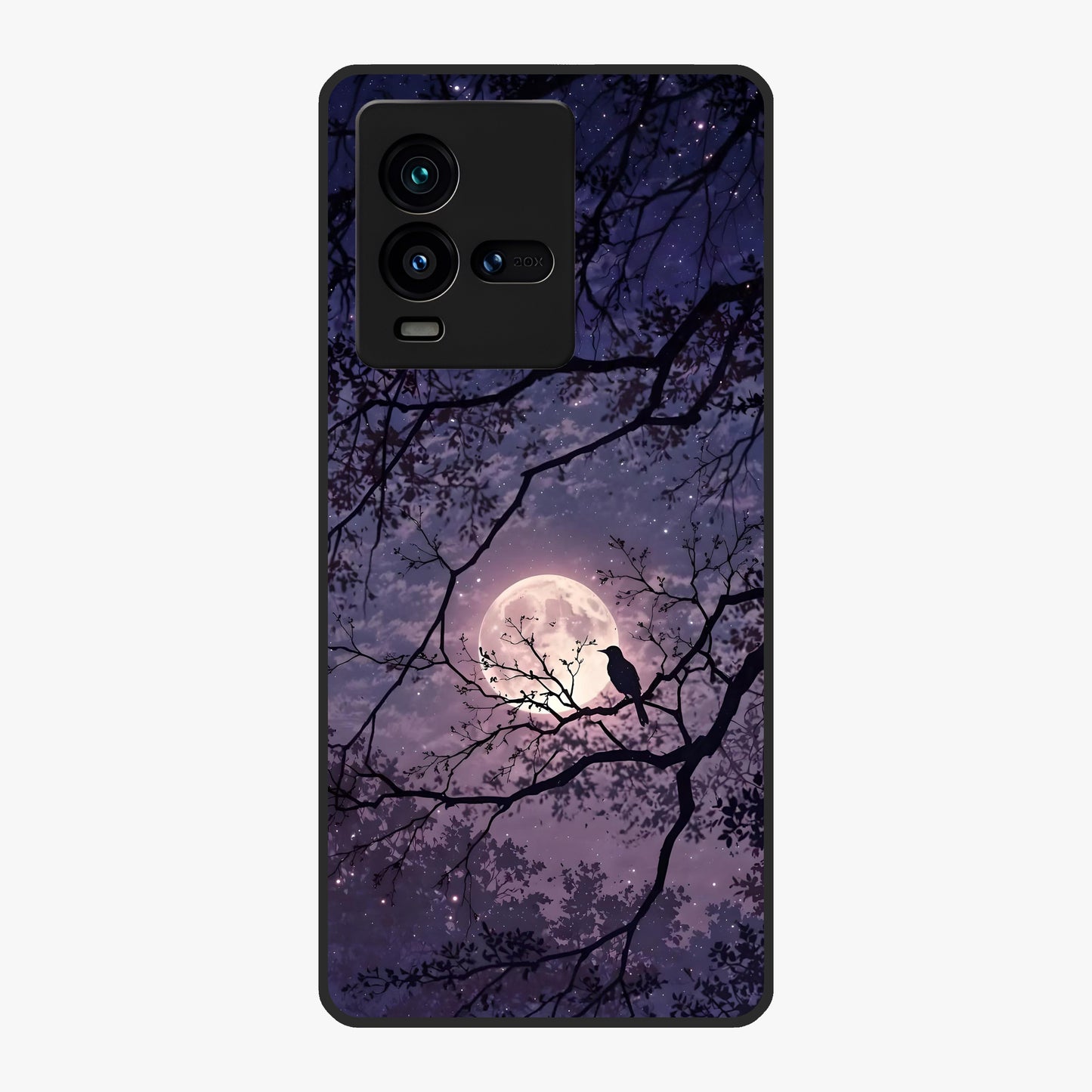 Whispering Moon Silence Glass Case showing flat back view with serene moon themed artwork and glossy glass finish.