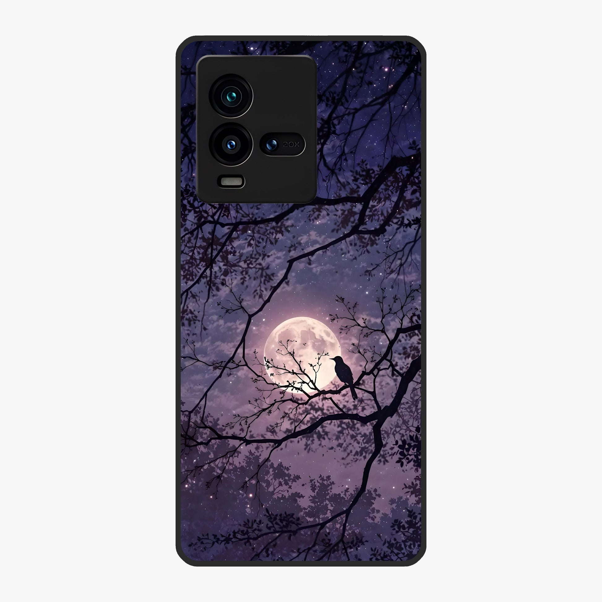 Whispering Moon Silence Glass Case showing flat back view with serene moon themed artwork and glossy glass finish.