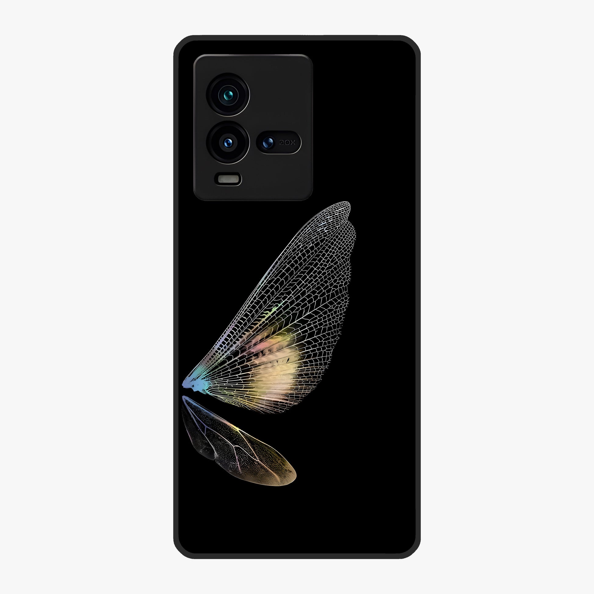 Whispers Of Wings Glass Case showing flat back view with graceful wing inspired artwork and glossy glass finish.
