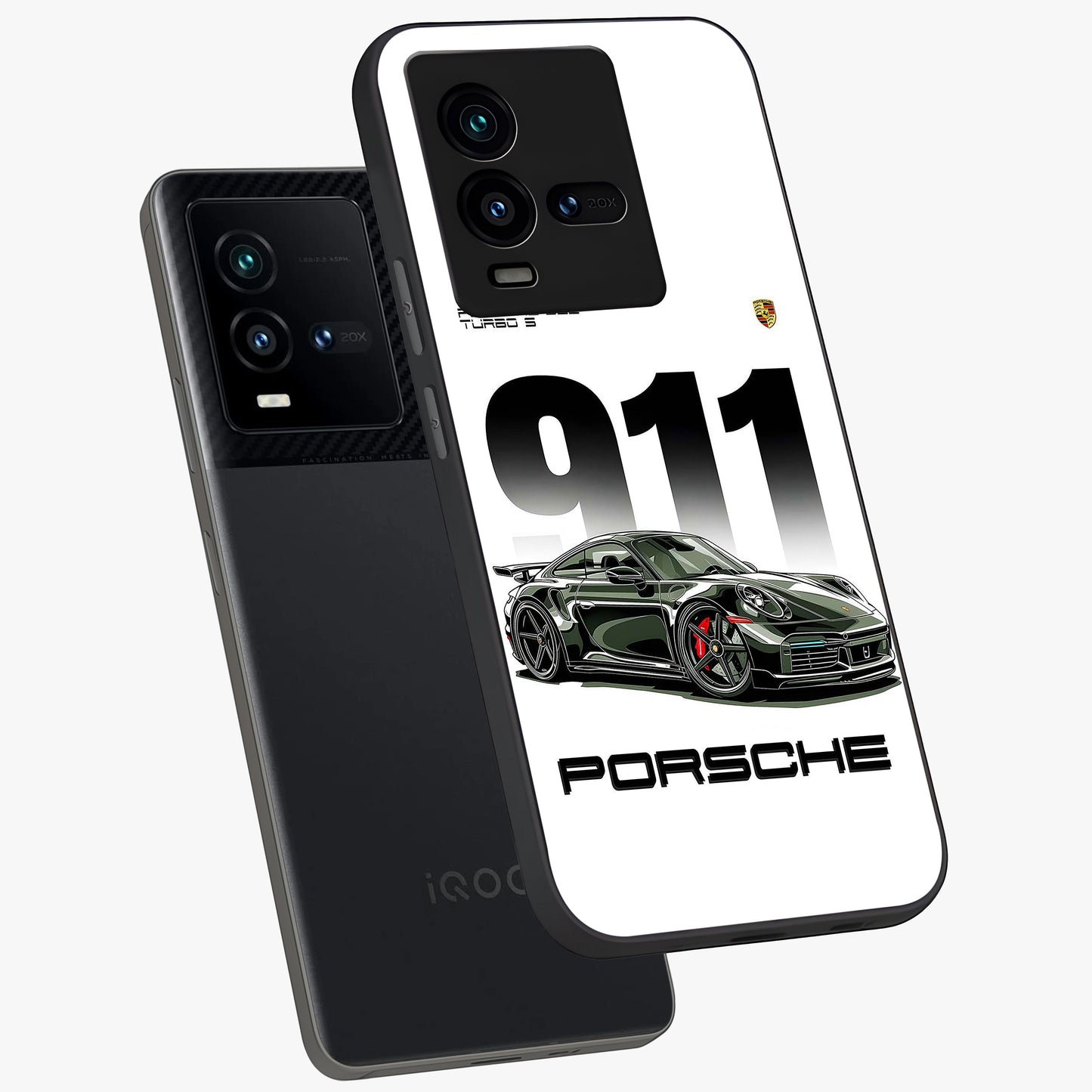 911 Turbo Dominance Glass Case displayed in premium angled mockup highlighting sporty car illustration and sleek glass surface.