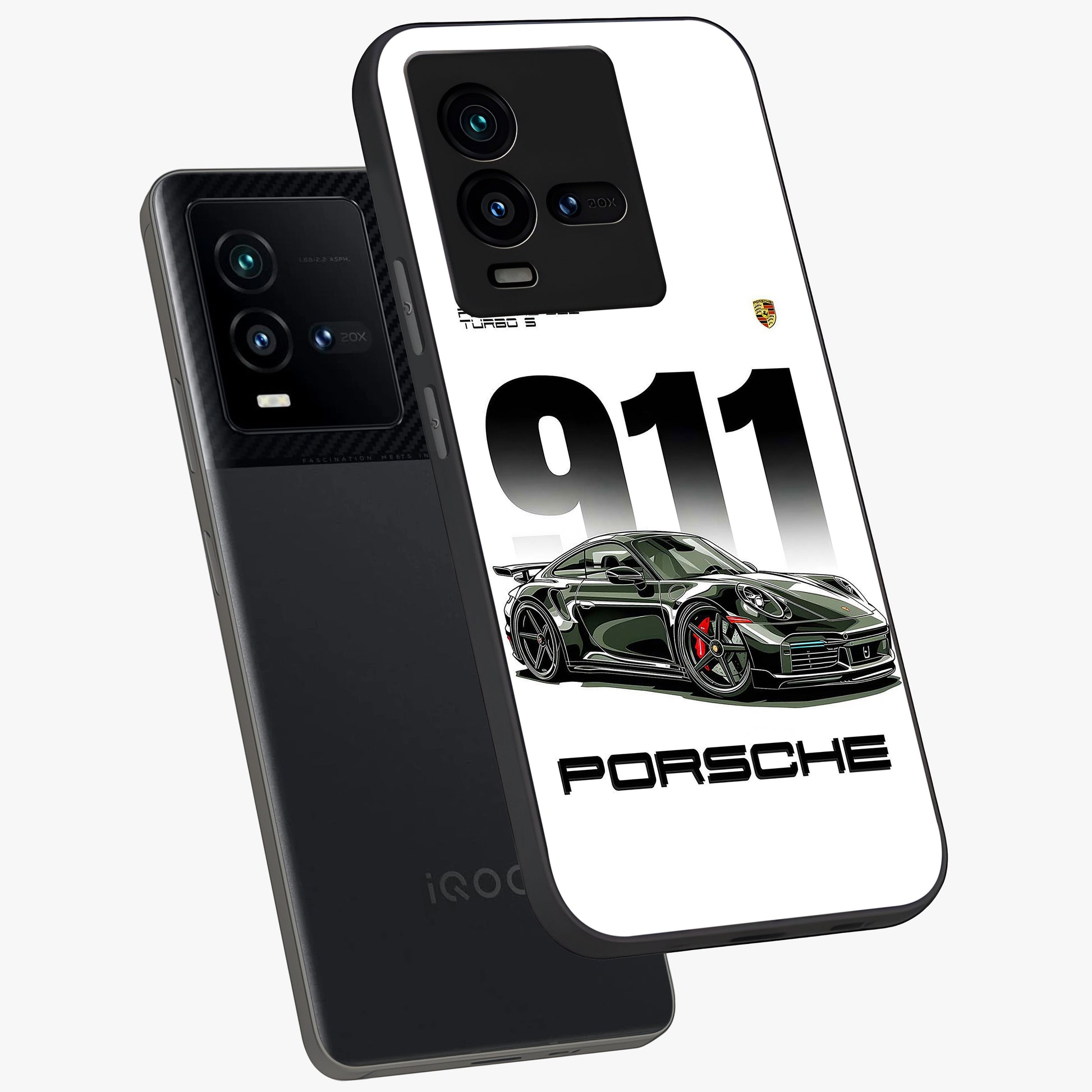 911 Turbo Dominance Glass Case displayed in premium angled mockup highlighting sporty car illustration and sleek glass surface.