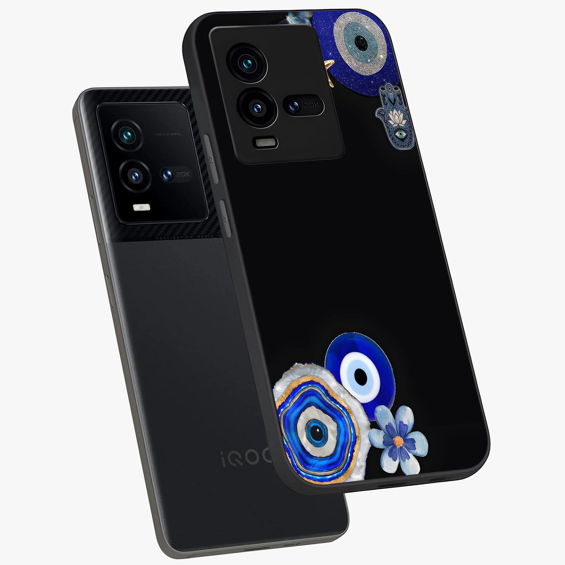 Aesthetic Blue Evil Eye Glass Case displayed in angled mockup highlighting blue evil eye symbol and spiritual aesthetic design.
