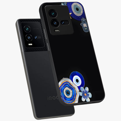 Aesthetic Blue Evil Eye Glass Case displayed in angled mockup highlighting blue evil eye symbol and spiritual aesthetic design.