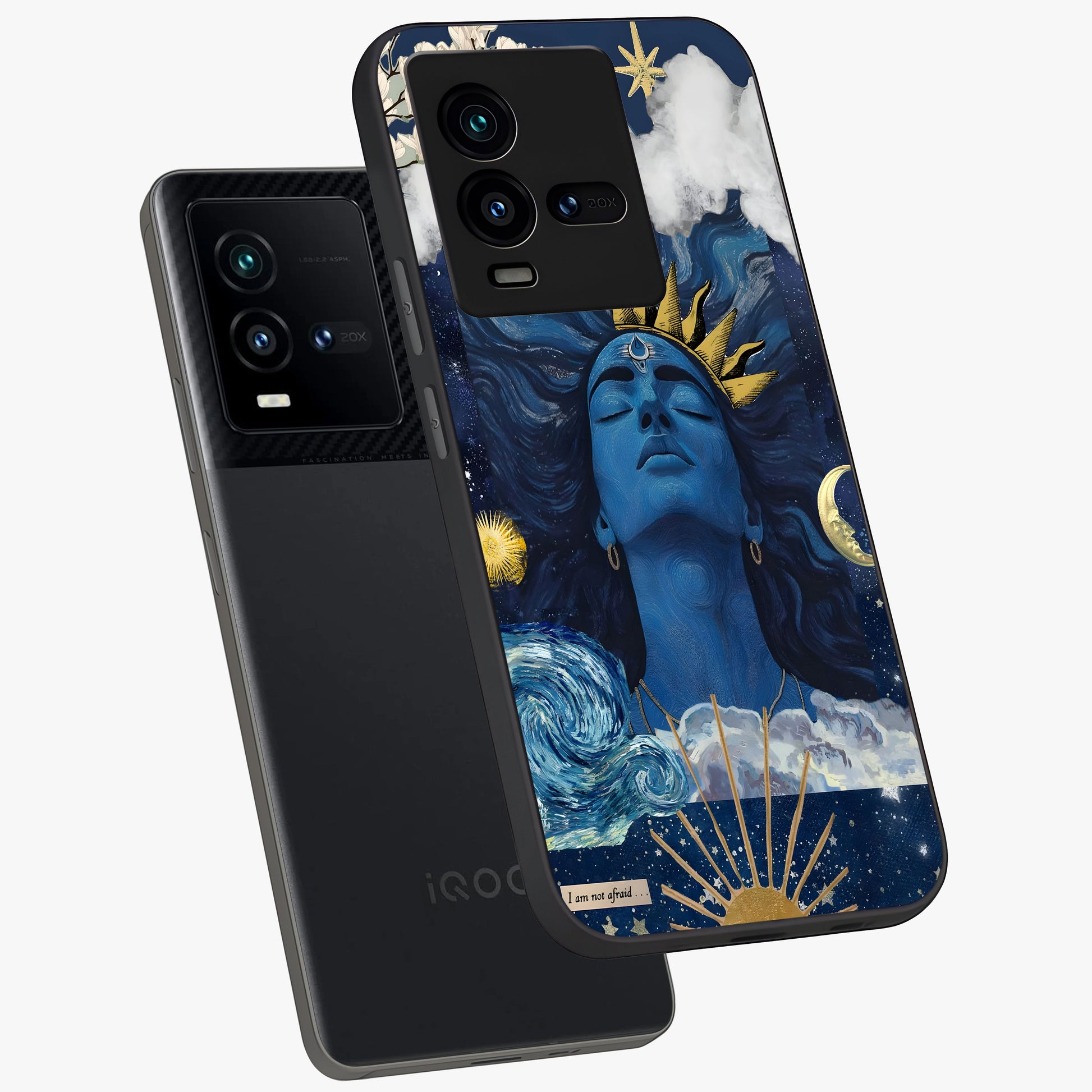 Aesthetic Lord Shiva Glass Case displayed in angled mockup highlighting spiritual Shiva illustration and sacred aesthetic design.