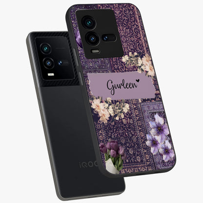 Antique Floral Whisper Custom Name Glass Case displayed in angled mockup highlighting elegant antique floral aesthetic.
