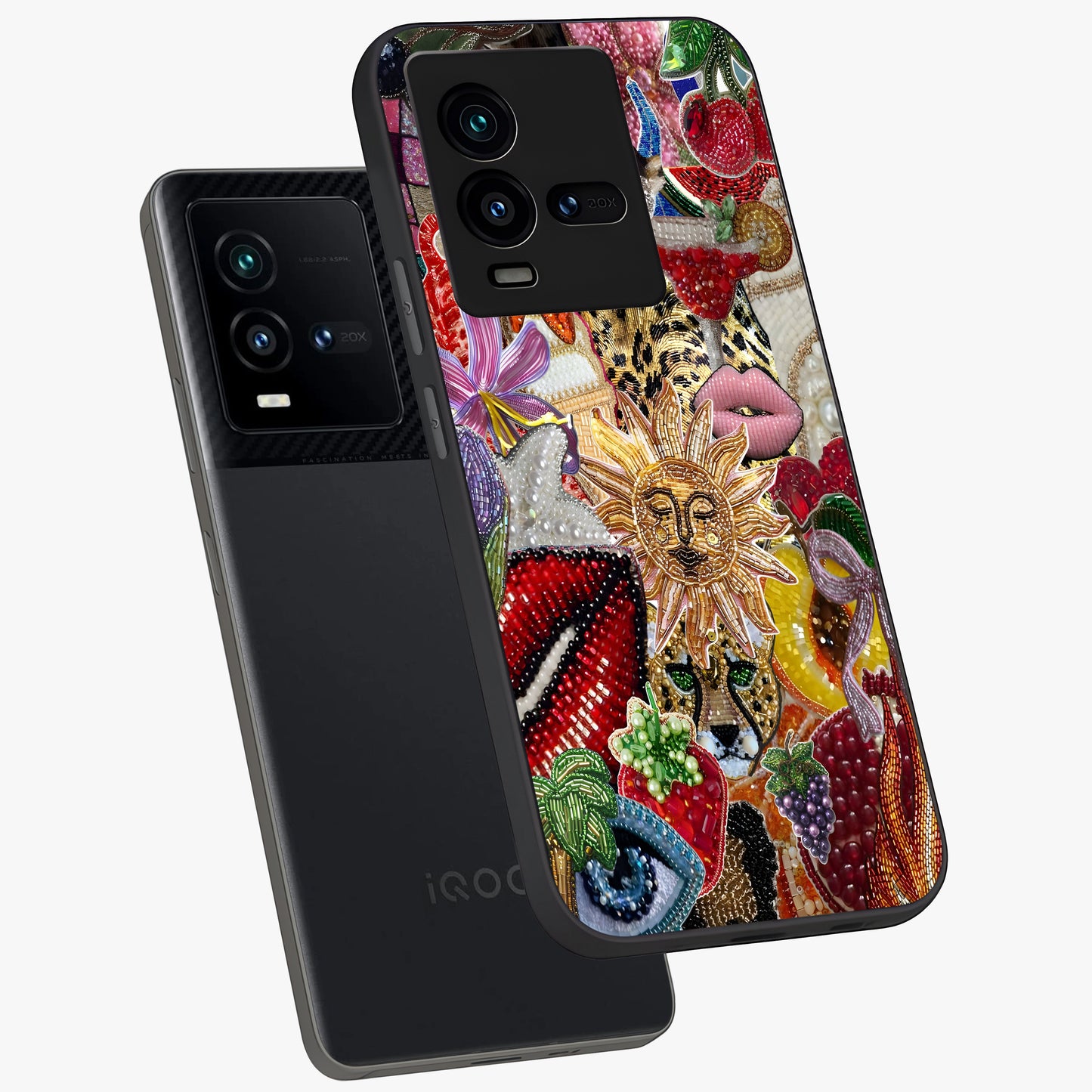 Beaded Fashion Jungle Glass Case displayed in angled mockup highlighting colorful fashion bead design and artistic pattern.