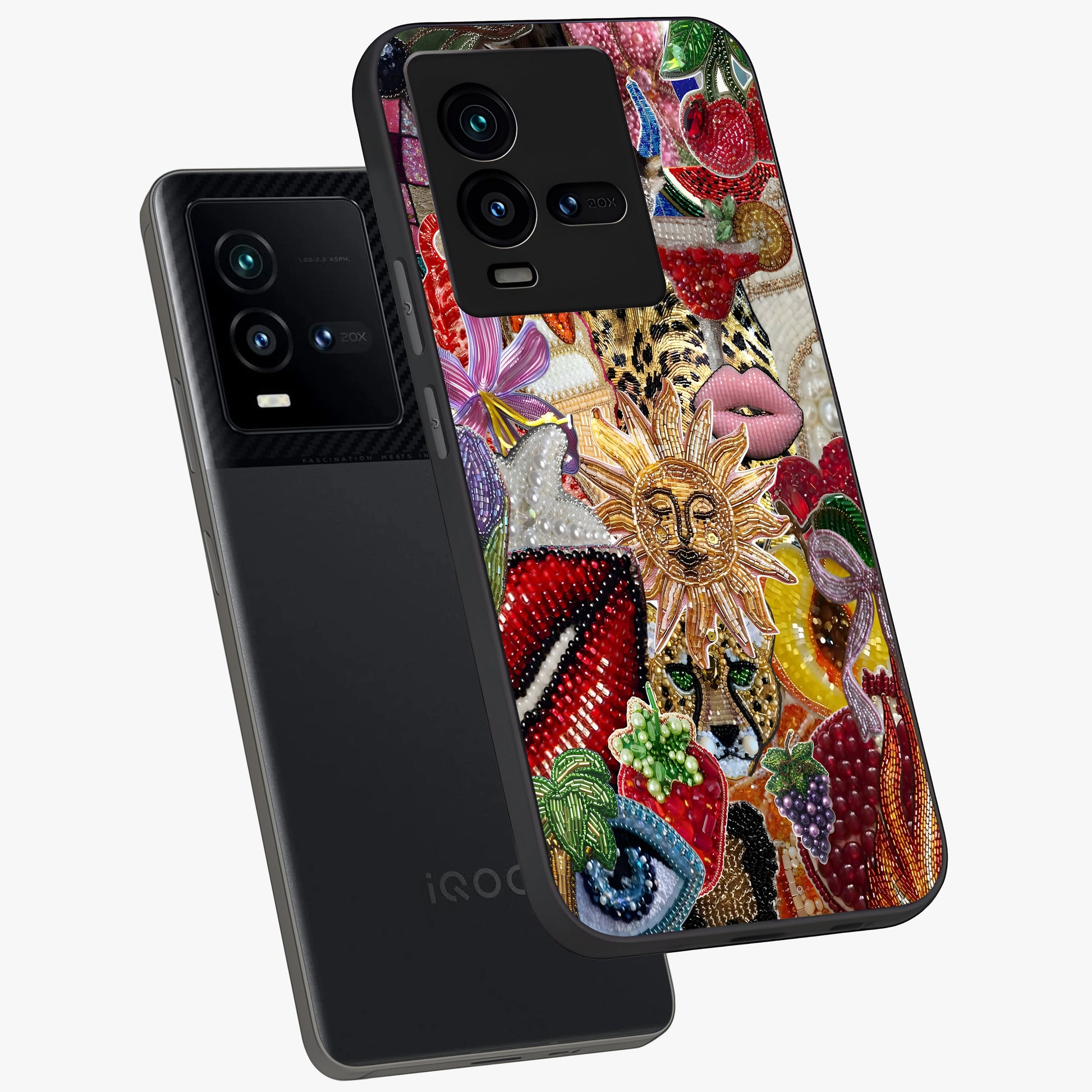 Beaded Fashion Jungle Glass Case displayed in angled mockup highlighting colorful fashion bead design and artistic pattern.
